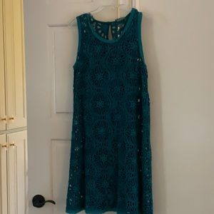 Johnny Was Teal Eyelet Crochet Dress w Slip